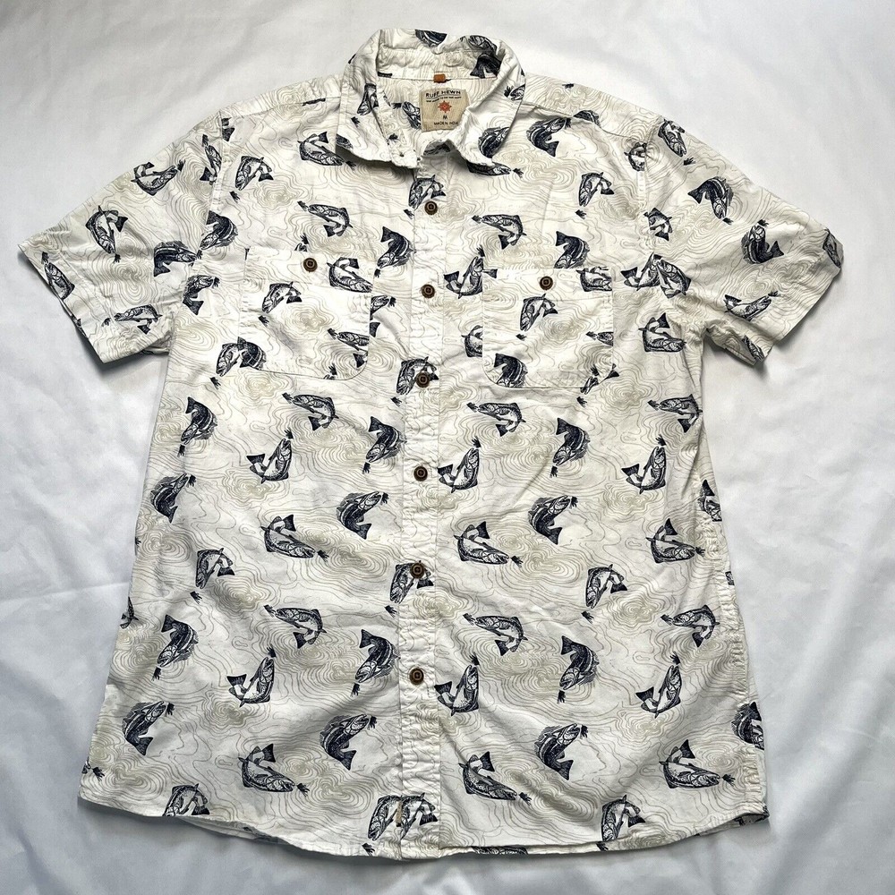 Ruff Hewn Men's Button Up T-shirt Novelty Fish Print Size Medium Blue White - Picture 1 of 7
